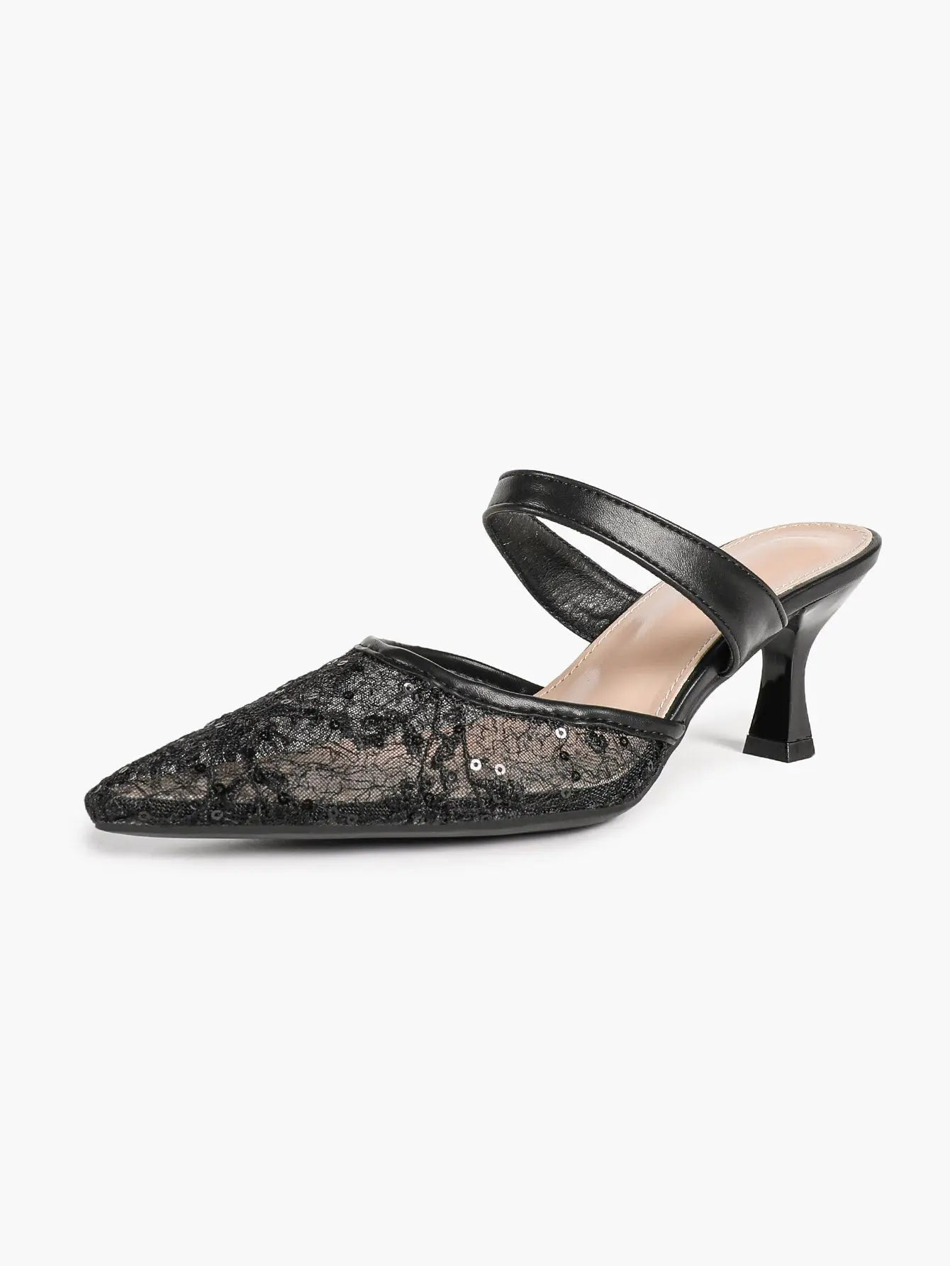 Black Sequin Lace Double Strap Kitten Heel  – Women's Pointed Toe Goblet Heel Slip-On YISHIFAN