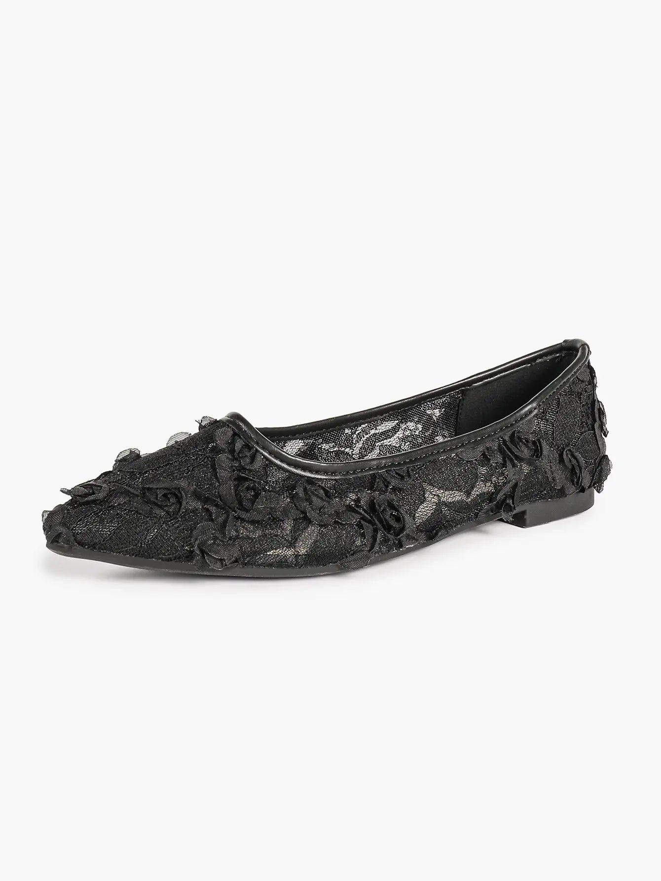 Pink 3D Rose Appliqué Lace Mesh Pointed Toe Flats – Women's Handcrafted Floral Ballet Flat YISHIFAN