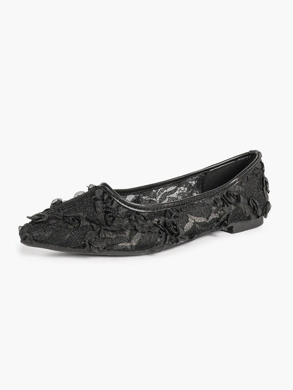 Pink 3D Rose Appliqué Lace Mesh Pointed Toe Flats – Women's Handcrafted Floral Ballet Flat YISHIFAN