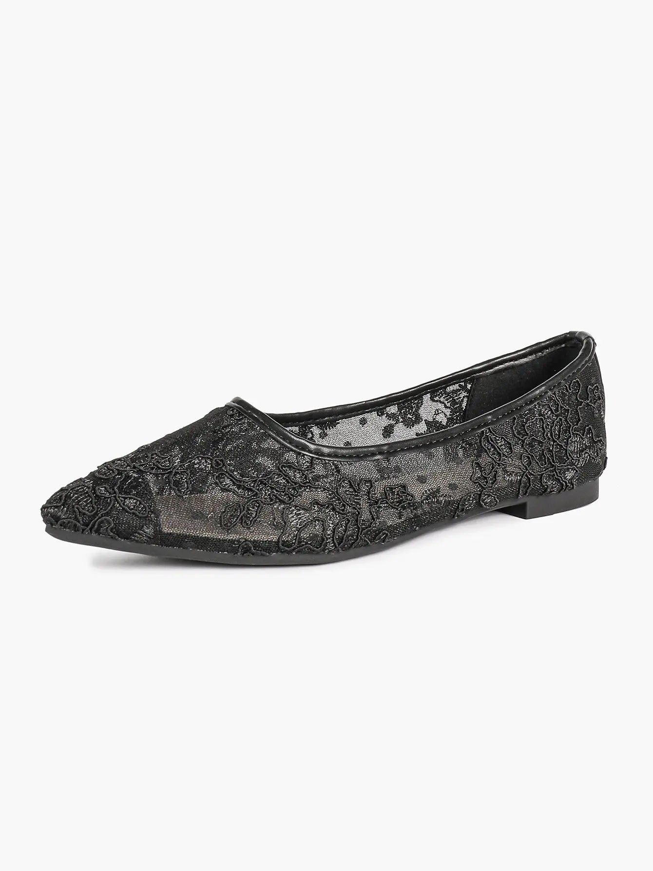 Black Lace Mesh Pointed Toe Flats Sheer Ballet Floral Embroidery YISHIFAN