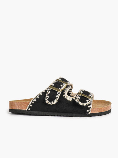 Taupe Suede-Effect Slides with Whipstitch Trim and Gold-Tone Buckles