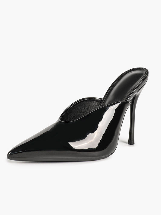 Trendy Black Patent Stiletto Mules - Pointed Toe Slip-On Heels for Modern Chic