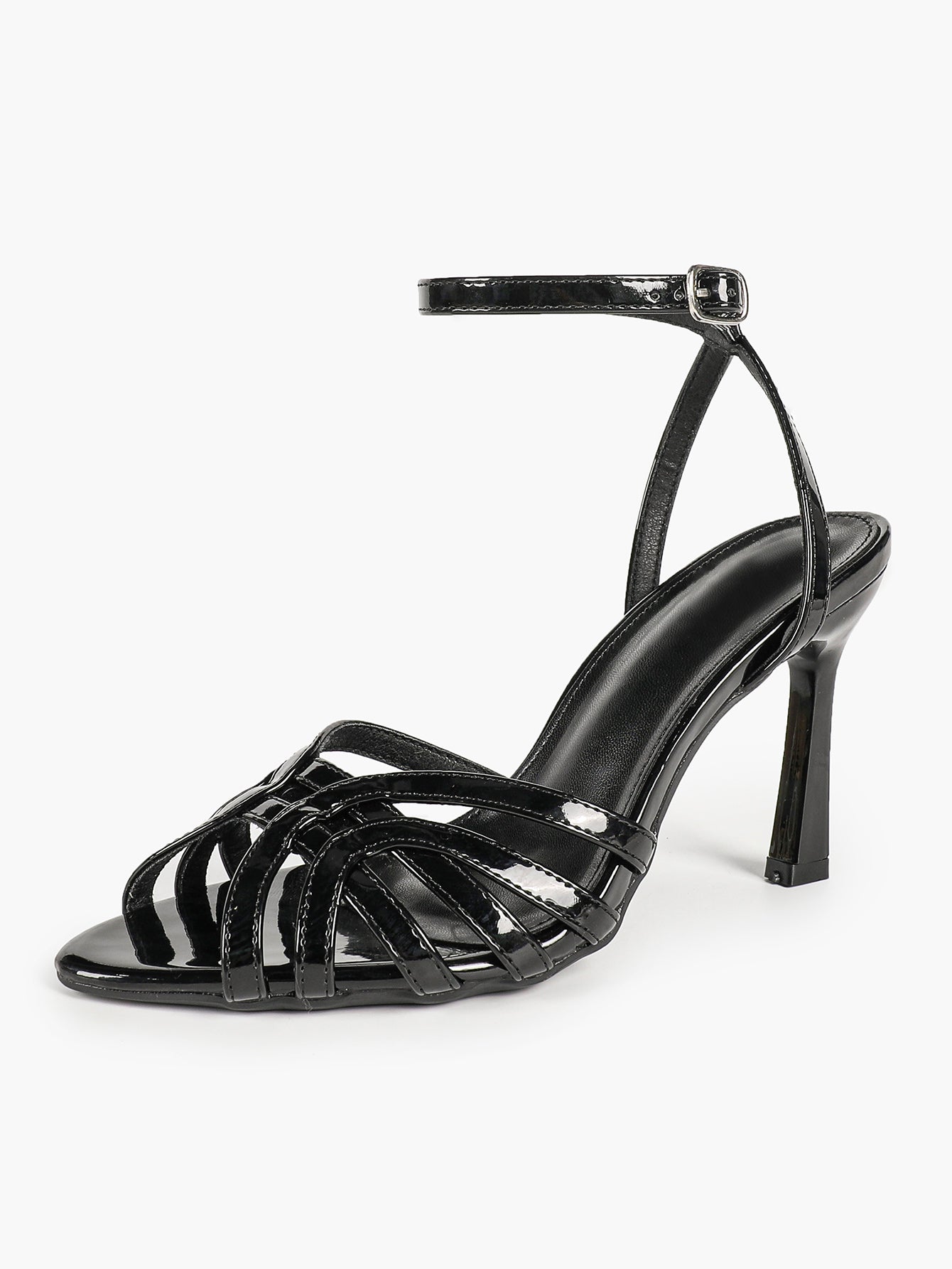 Black Patent Multi-Strap Stilettos Ankle Strap Open Toe Heeled Sandals Party Night Out Shoes