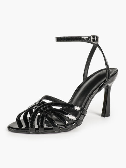 Black Patent Multi-Strap Stilettos Ankle Strap Open Toe Heeled Sandals Party Night Out Shoes