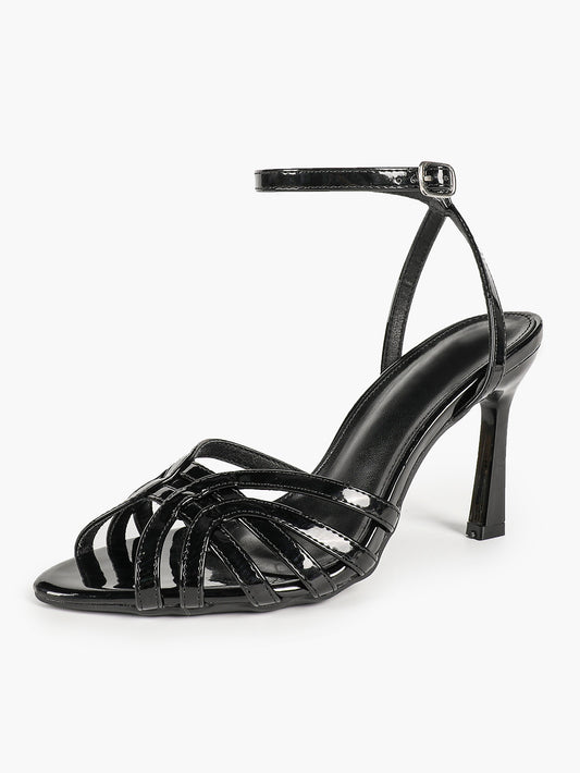 Black Patent Multi-Strap Stilettos Ankle Strap Open Toe Heeled Sandals Party Night Out Shoes