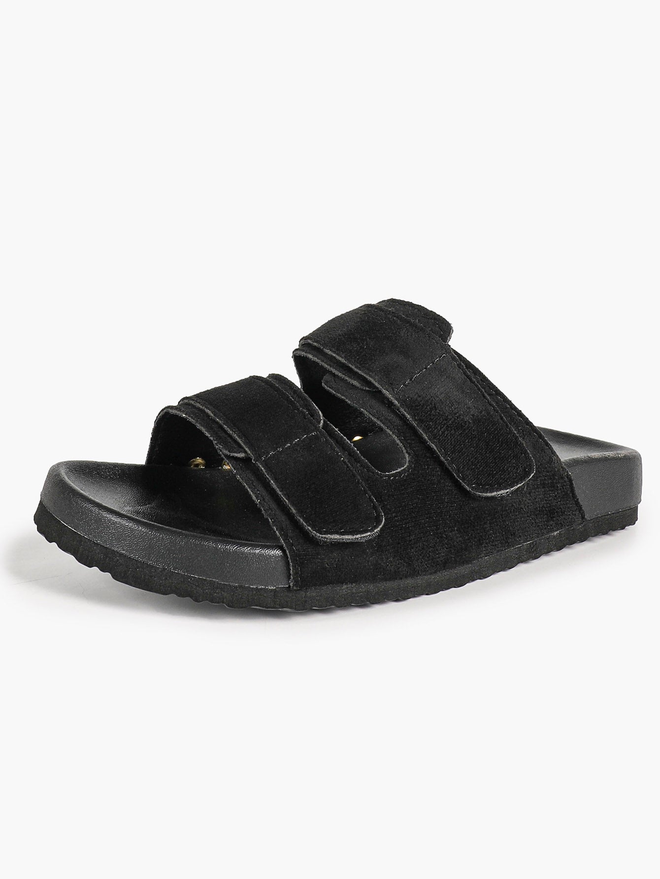 Black Suede-Effect Double-Strap Velcro Slide Sandals with Cushioned Sole
