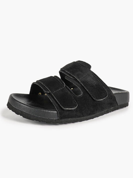 Black Suede-Effect Double-Strap Velcro Slide Sandals with Cushioned Sole