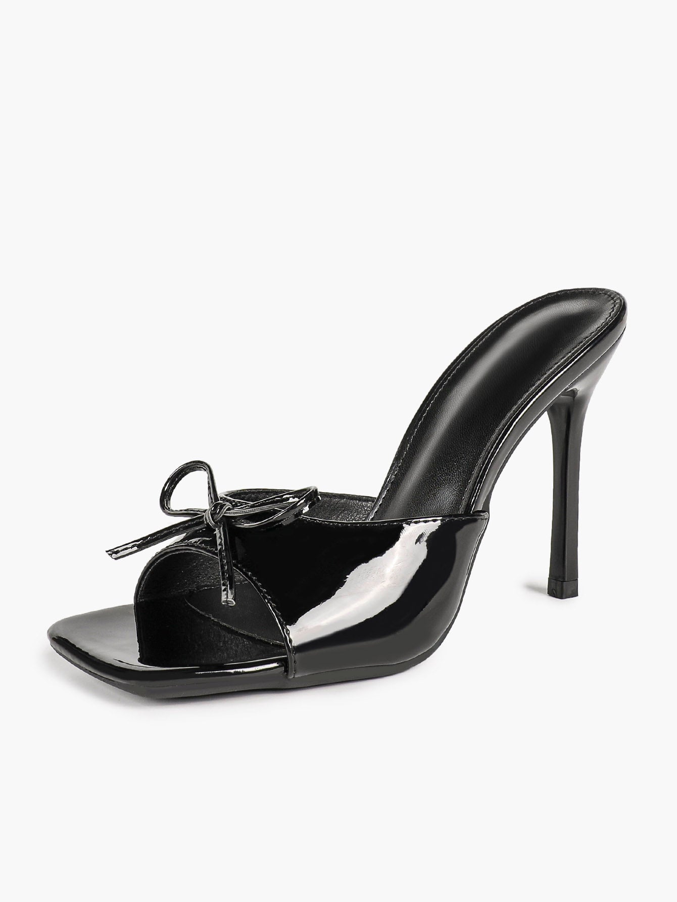 Black Patent Stiletto Mules - Square Toe with Cute Bow & Durable Sole