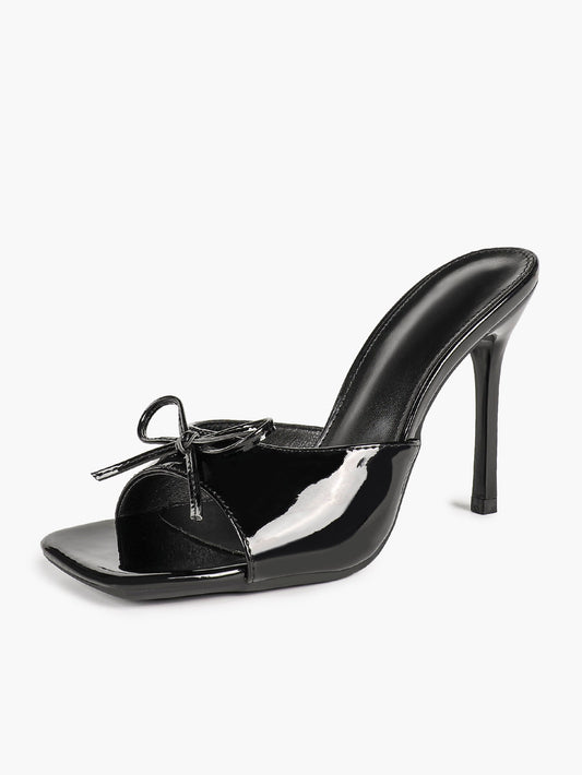 Black Patent Stiletto Mules - Square Toe with Cute Bow & Durable Sole