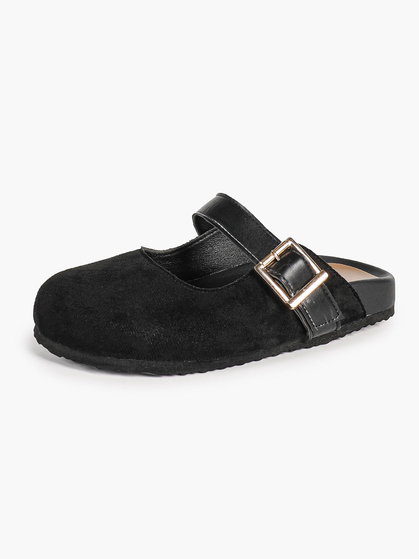 Black Suede Buckled Strap Slip-On Mules with Gold-Tone Hardware