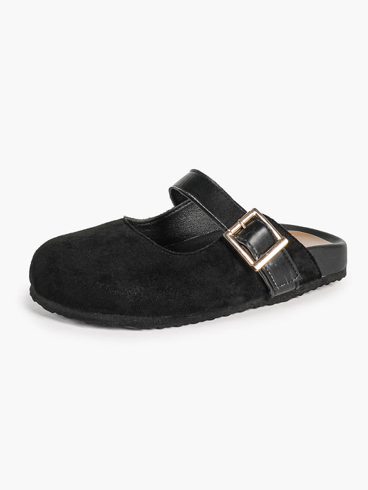 Black Suede Buckled Strap Slip-On Mules with Gold-Tone Hardware