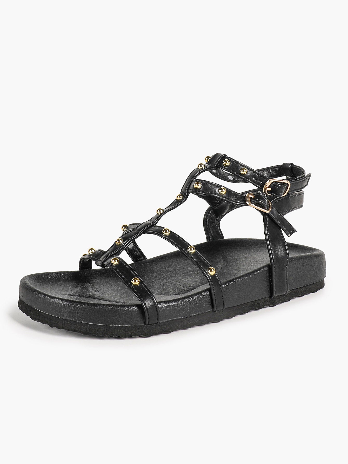 Black Multi-Strap Studded Sandals with Adjustable Ankle Buckles