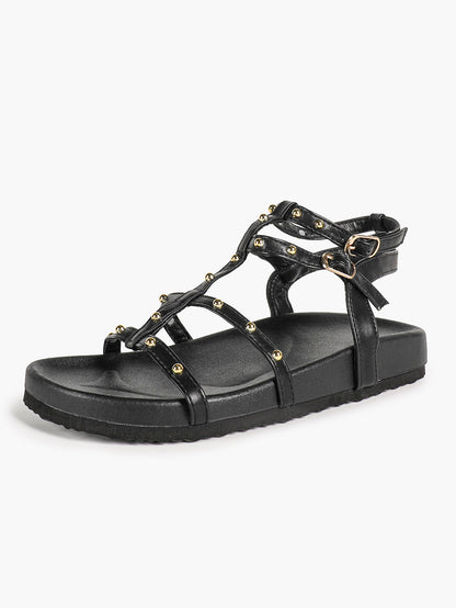 Black Multi-Strap Studded Sandals with Adjustable Ankle Buckles