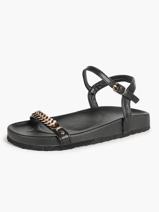 Black Flat Sandals with Gold-Tone Coin Detail and Adjustable Ankle Strap