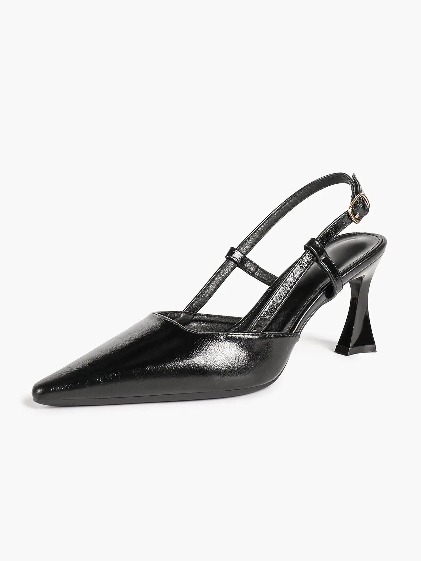 Black Pointed Toe Slingback Pumps 7.5CM Sculptural Heel Adjustable Ankle Strap Dress Shoes YISHIFAN