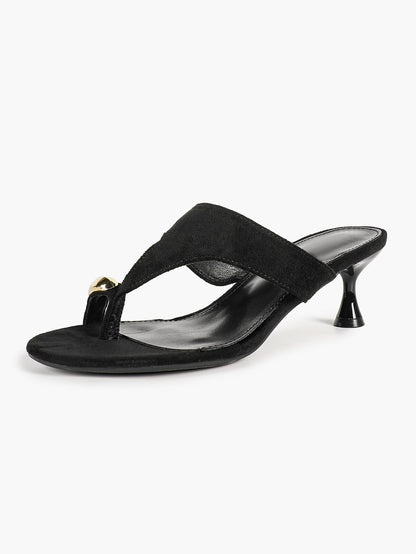 Black Suede Toe Post Heeled Sandals Wide Band Backless Mules with Gold Hardware Vacation