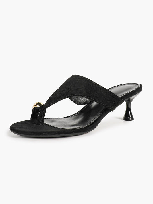 Black Suede Toe Post Heeled Sandals Wide Band Backless Mules with Gold Hardware Vacation