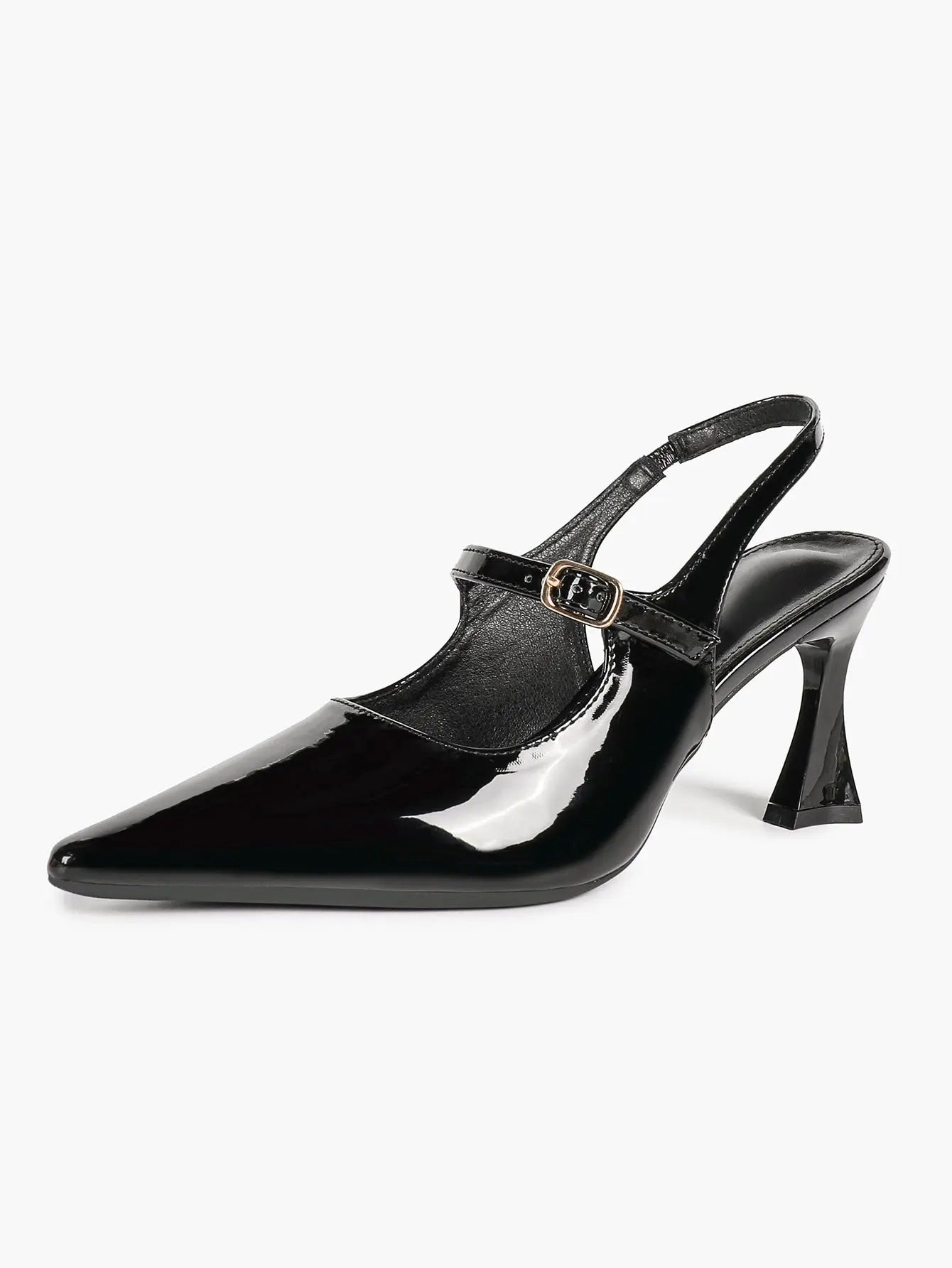 Black Slingback Pumps Patent Leather Pointed Toe Chunky High Heels Dress Shoes YISHIFAN