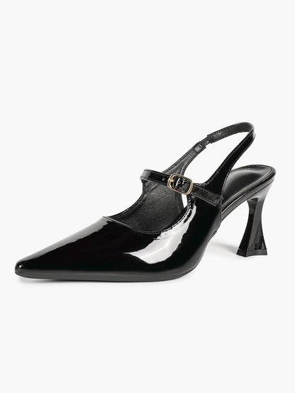 Black Slingback Pumps Patent Leather Pointed Toe Chunky High Heels Dress Shoes YISHIFAN