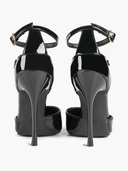 Women's Black Closed Pointed Toe Stiletto Double Ankle Strap Sculptural Heel for Party Formal Dress Shoes YISHIFAN