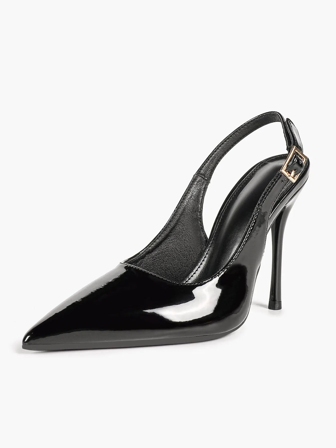 Patent Leather Pointed-Toe Slingback Heels with Gold Buckle YISHIFAN
