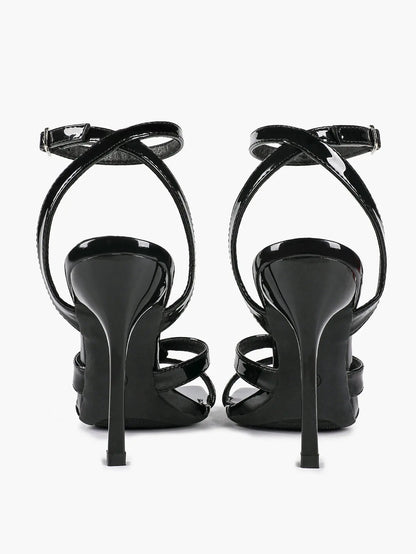 Women's Gold Leather Cross Strap Stiletto Heels 4.13 Inch Square Toe Ankle Strap Sandals YISHIFAN