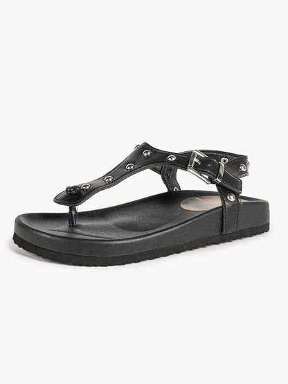 Black Studded T-Strap Thong Sandals with Chunky Platform Sole