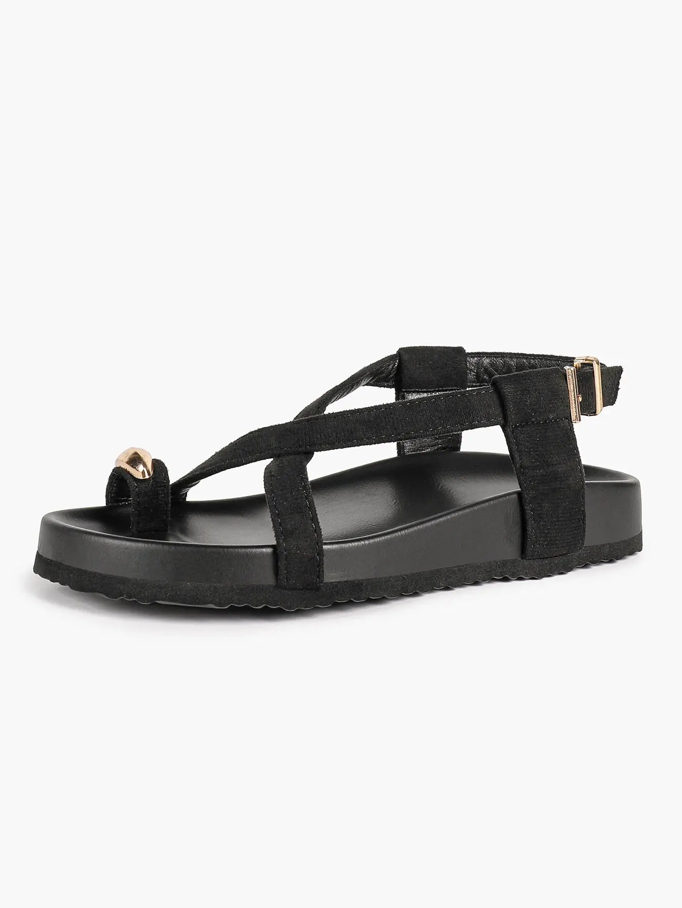 Women's Flat Platform Ankle Strap with Gold Hardware Black Crossover Toe Ring Sandals YISHIFAN