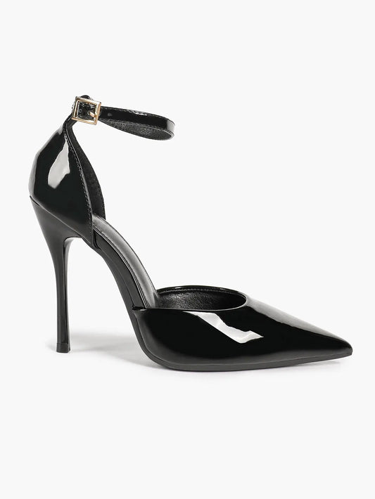 "Noir Edge" Patent Leather Pointed-Toe Ankle Strap D'Orsay Stilettos YISHIFAN