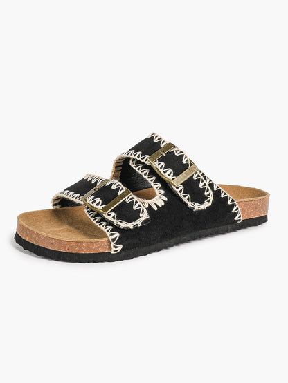 Taupe Suede-Effect Slides with Whipstitch Trim and Gold-Tone Buckles