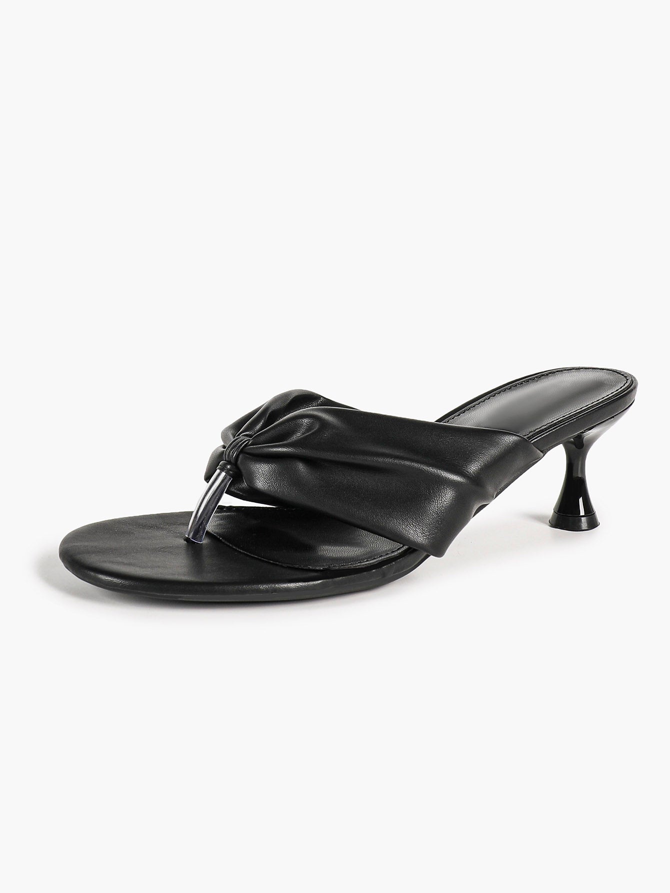 Black Ruched Leather Thong Mules Gathered Knot Kitten Heels Slip-On Office Casual Shoes