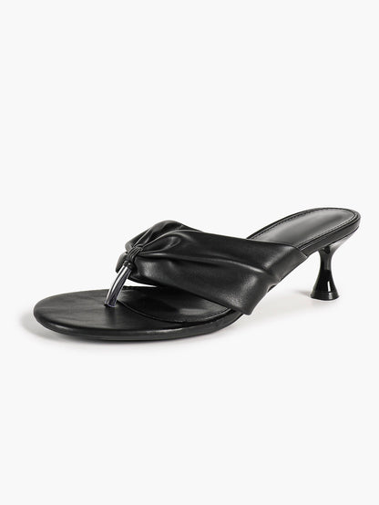 Black Ruched Leather Thong Mules Gathered Knot Kitten Heels Slip-On Office Casual Shoes