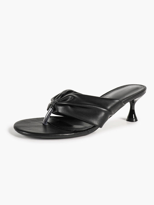 Black Ruched Leather Thong Mules Gathered Knot Kitten Heels Slip-On Office Casual Shoes