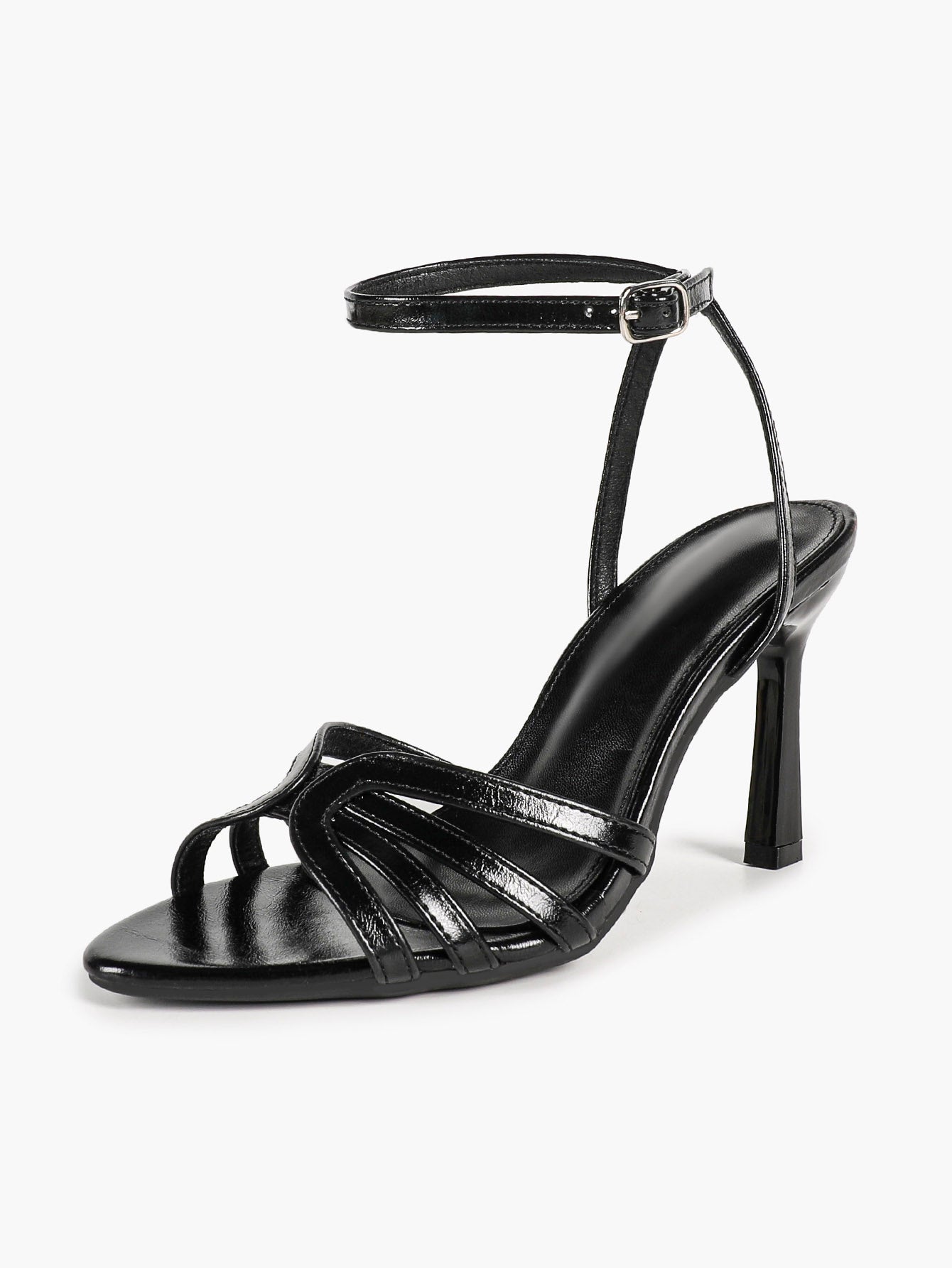 Women's Black Patent Knotted Strap Ankle Strap Block Heels Open Toe Dress Shoes