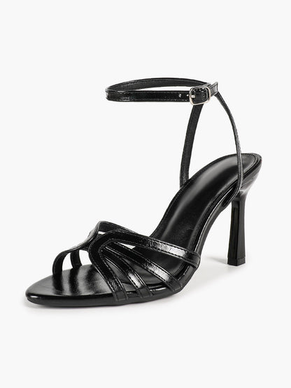 Women's Black Patent Knotted Strap Ankle Strap Block Heels Open Toe Dress Shoes