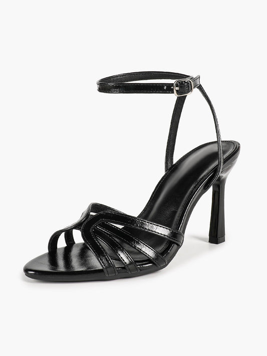 Women's Black Patent Knotted Strap Ankle Strap Block Heels Open Toe Dress Shoes