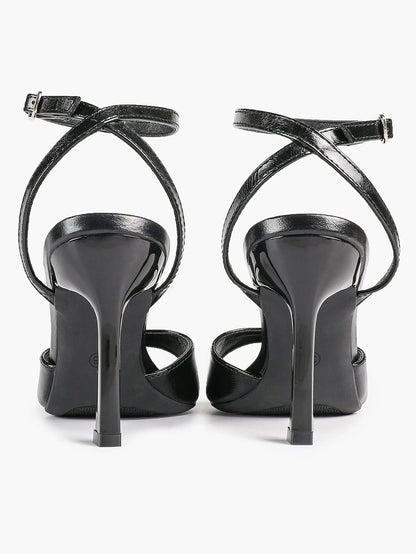 Women's Metallic Gloss Opened Pointed Toe Ankle Strap Stiletto Sandals Avant-Garde Heel for Party Casual YISHIFAN