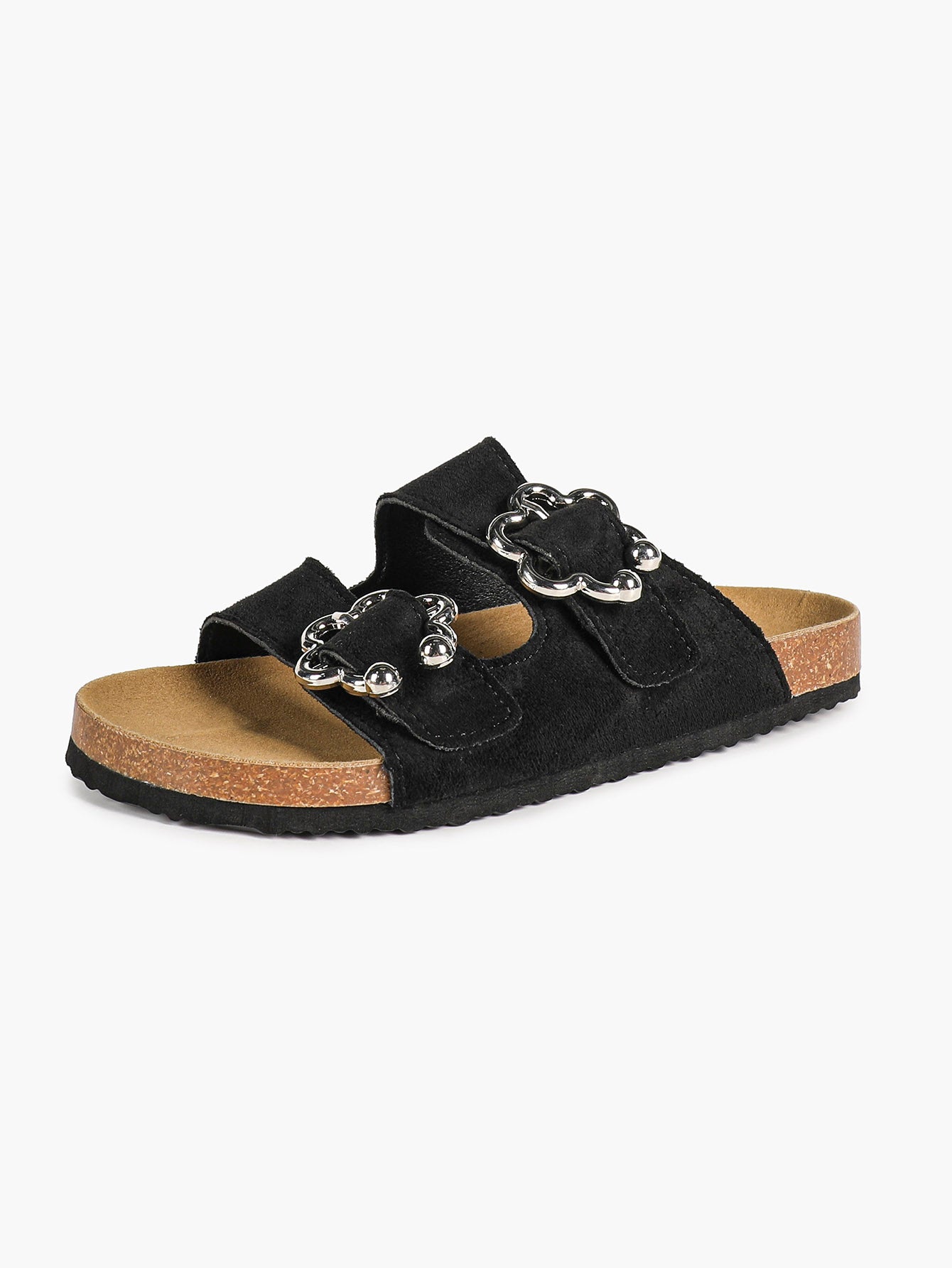 Black Suede Two-Strap Sandals with Silver Floral Buckles for Casual Summer Days