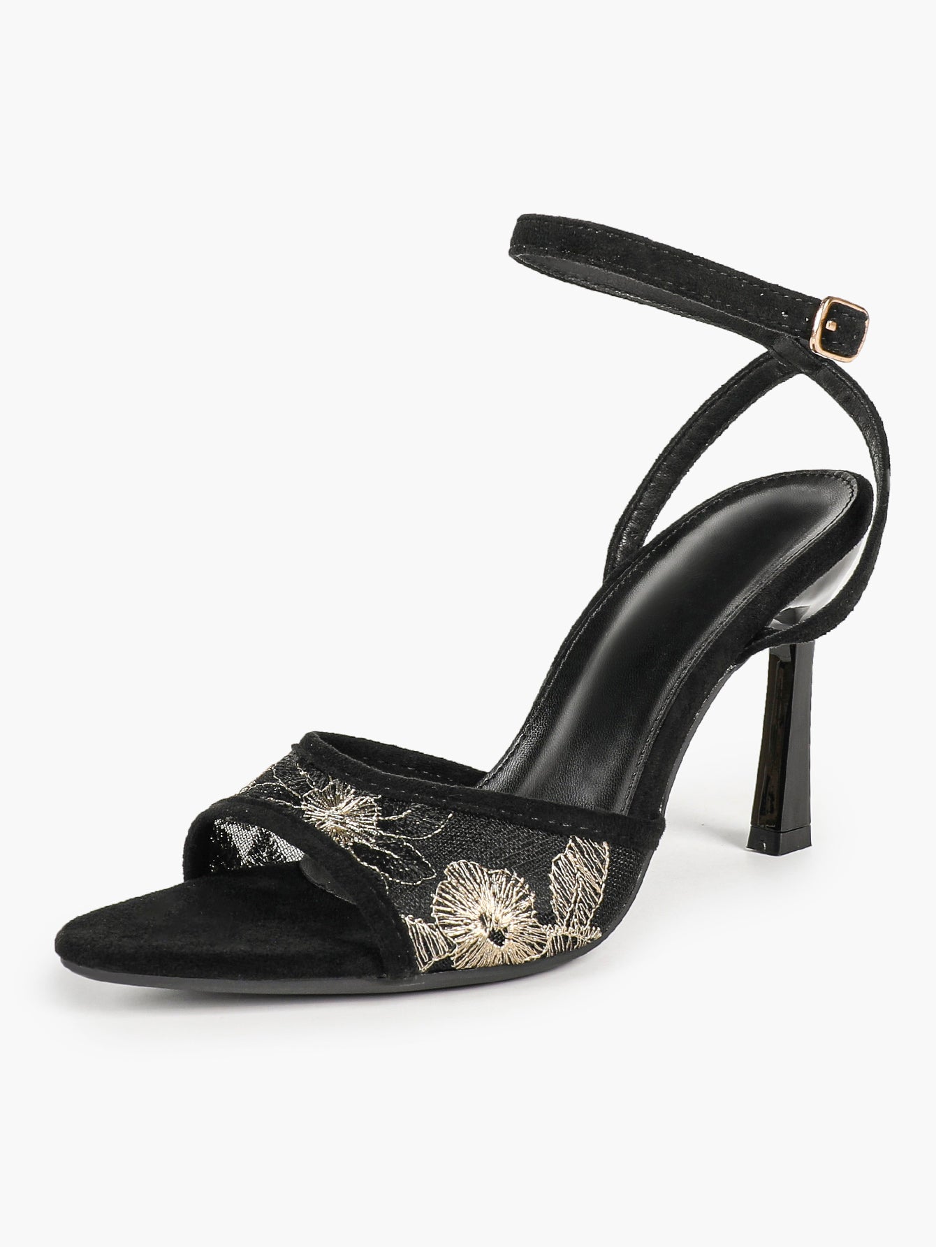 Cream Suede Trim Floral Sequin Strap Heels Ankle Buckle Pointed Open Toe Stilettos Chic Date Night Shoes