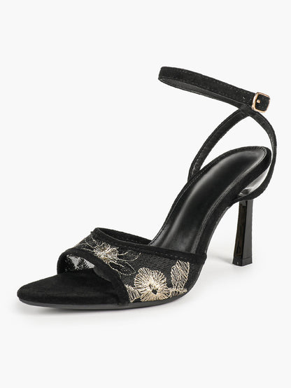 Cream Suede Trim Floral Sequin Strap Heels Ankle Buckle Pointed Open Toe Stilettos Chic Date Night Shoes