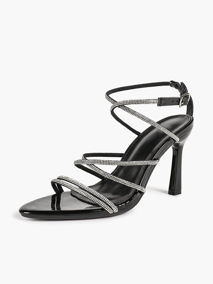 Black Patent Rhinestone Wraparound Strap Sandals Pointed Open Toe Stiletto Heels Night Out Party Shoes