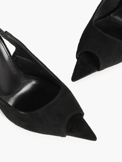 Women's Black Suede Pointed Peep Toe Stiletto Slingback Pumps Elastic Strap Office Shoes