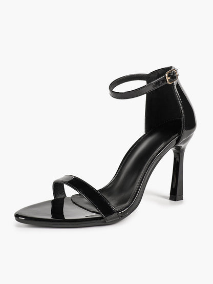 Black Patent Single Strap Stiletto Sandals Pointed Open Toe Ankle Buckle Heels Elegant Minimalist Shoes