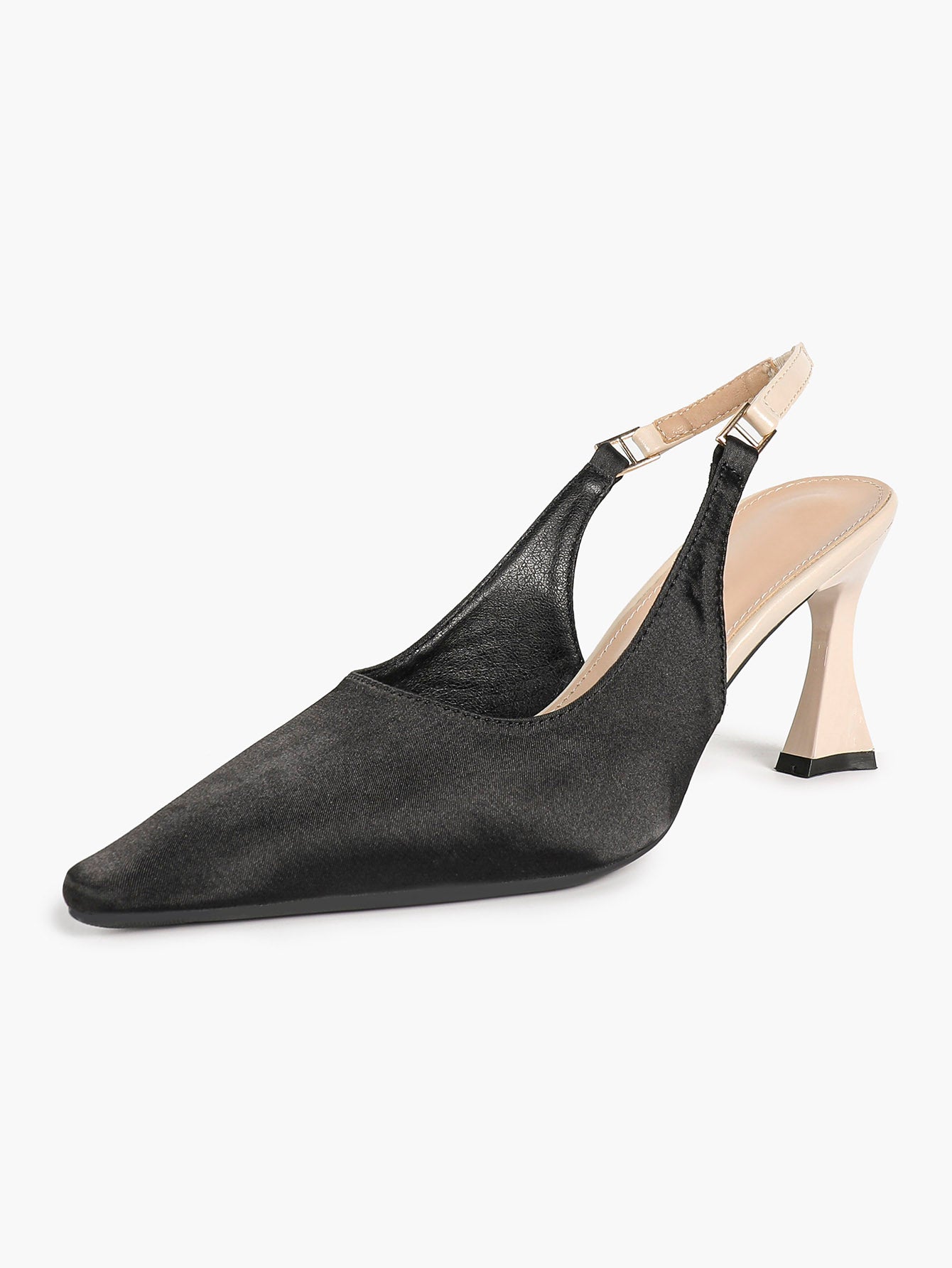 Black Satin Pointed Toe Slingback Pumps Beige Heel Contrast Strap Flared Heels Elegant Shoes