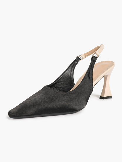 Black Satin Pointed Toe Slingback Pumps Beige Heel Contrast Strap Flared Heels Elegant Shoes