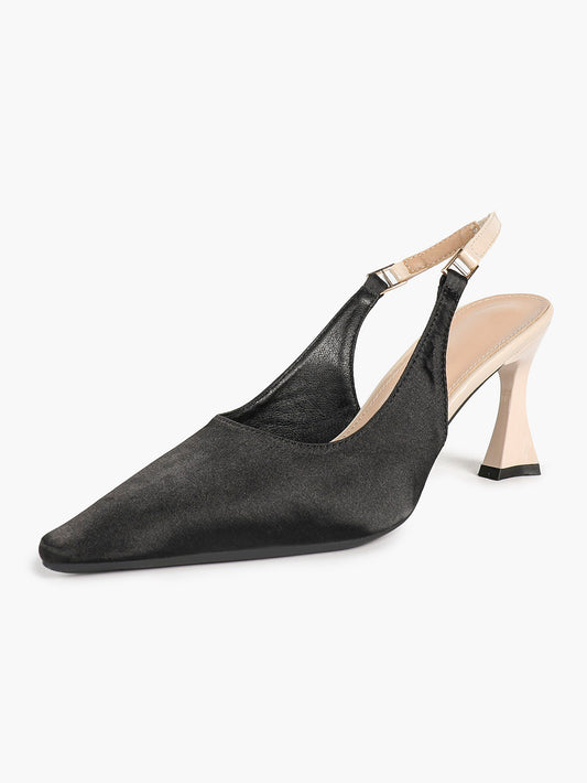 Black Satin Pointed Toe Slingback Pumps Beige Heel Contrast Strap Flared Heels Elegant Shoes