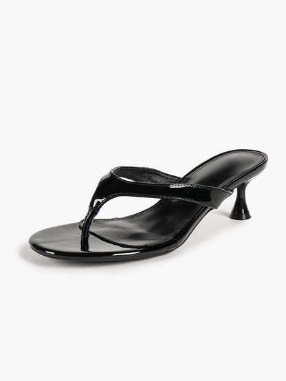 Black Patent Leather Thong Strap Stiletto Mules Backless Kitten Heels Party Date Shoes
