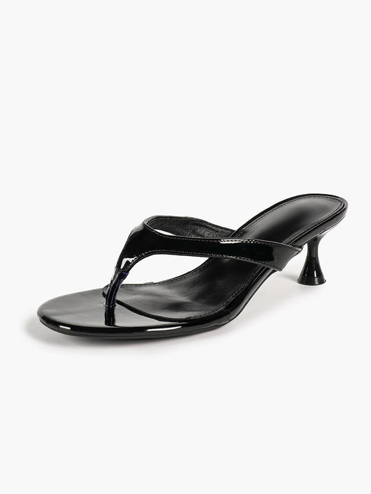 Black Patent Leather Thong Strap Stiletto Mules Backless Kitten Heels Party Date Shoes