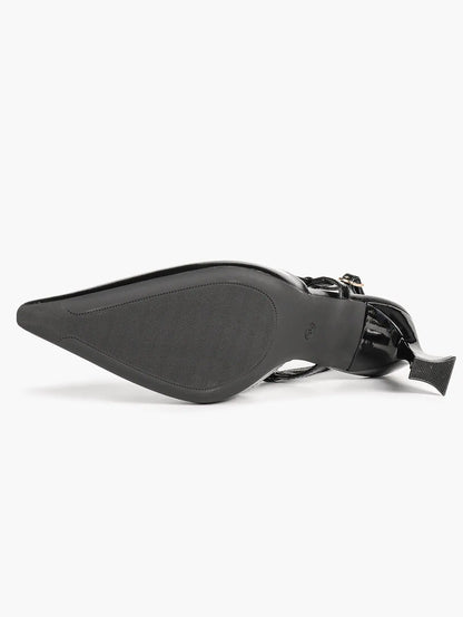 Black Pointed Toe Slingback Pumps 7.5CM Sculptural Heel Adjustable Ankle Strap Dress Shoes YISHIFAN