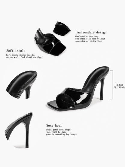 Women's White Patent Square Toe Stiletto Mules Slip-On Single Band Summer Vacation Shoes